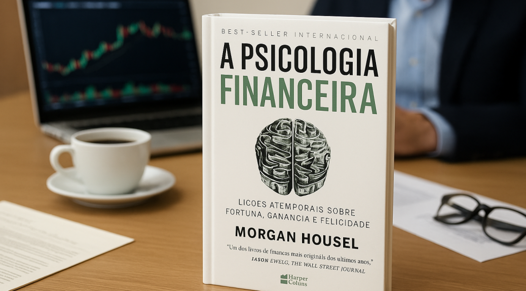 A Psicologia Financeira, de Morgan Housel, obra que trata do comportamento humano nas finanças, mostrando como atitudes e emoções afetam decisões sobre dinheiro e construção de riqueza.